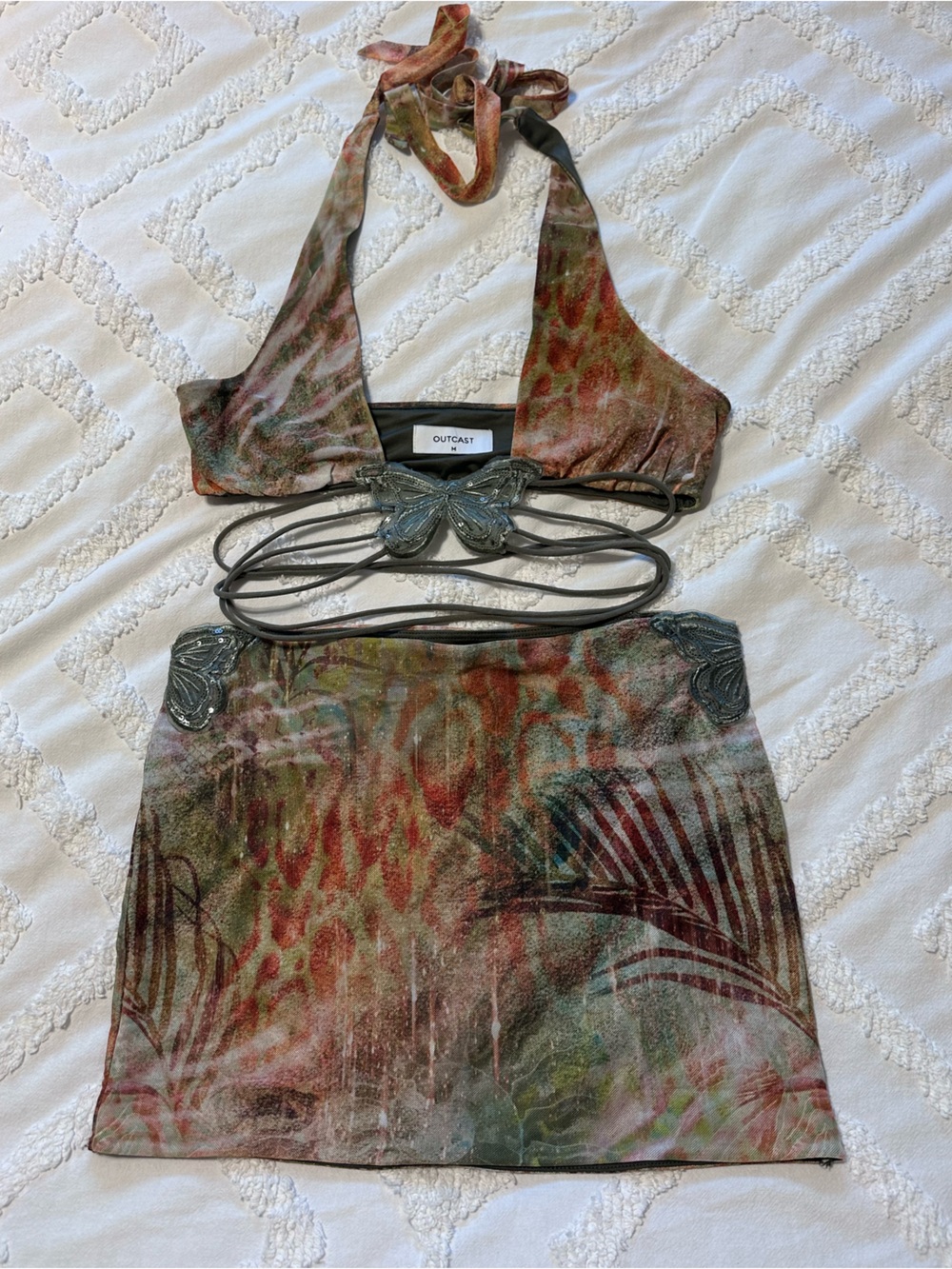 Outcast Tropical Print Halter Top & Mini Skirt Set - Earth Tones